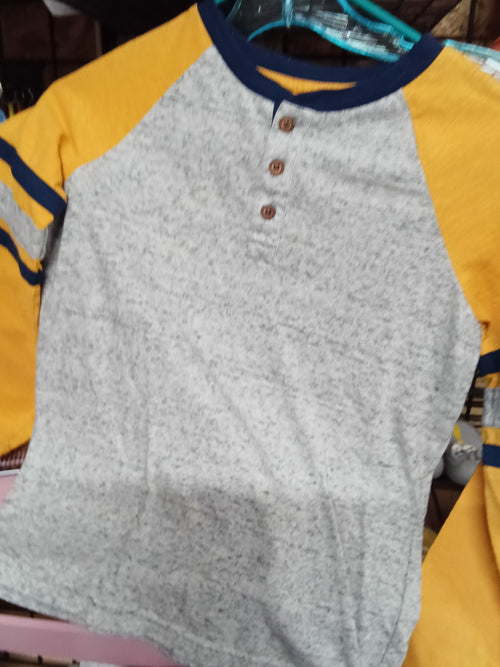 Men's Henley Long Sleeve Shirt with Yellow Sleeves - Image 1