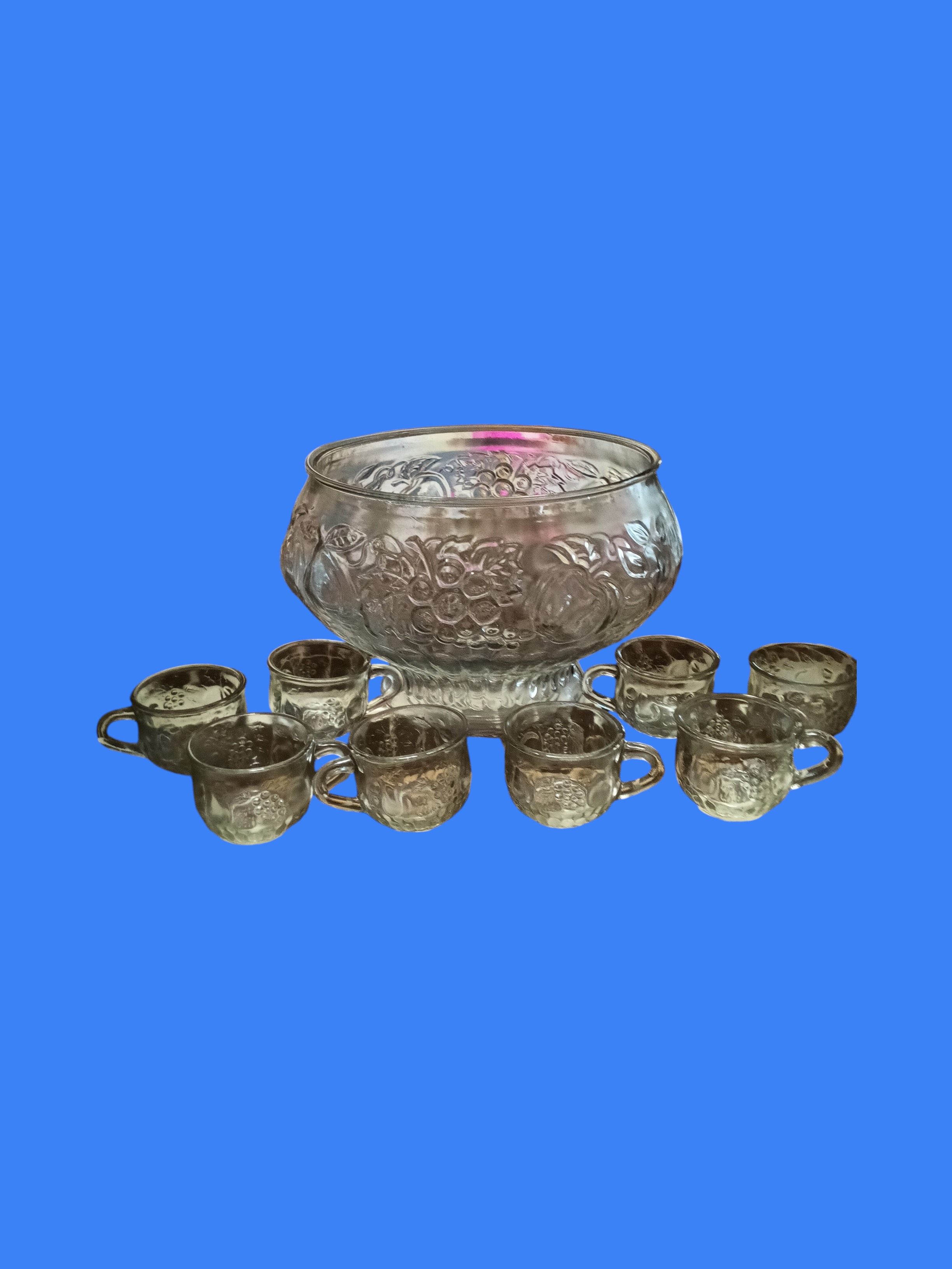 Vintage Glass Punch Bowl Set with 8 Cups - Image 1