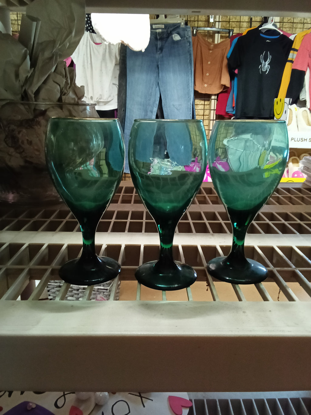 Set of 3 Green Glass Goblets with Gold Rim - Image 1