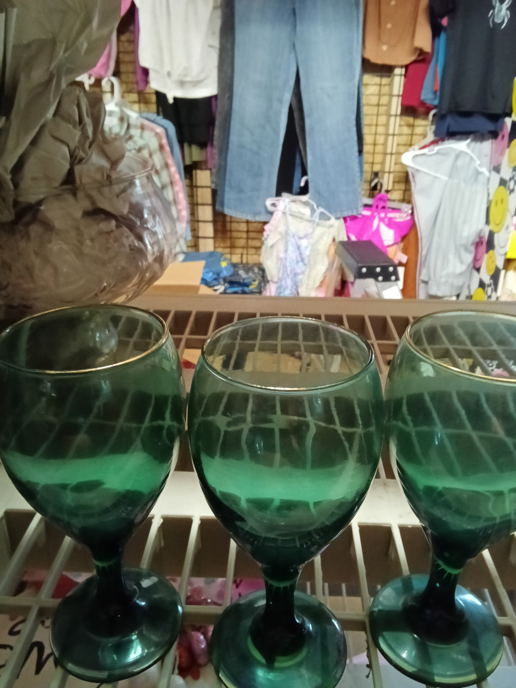 Set of 3 Green Glass Goblets with Gold Rim - Image 2