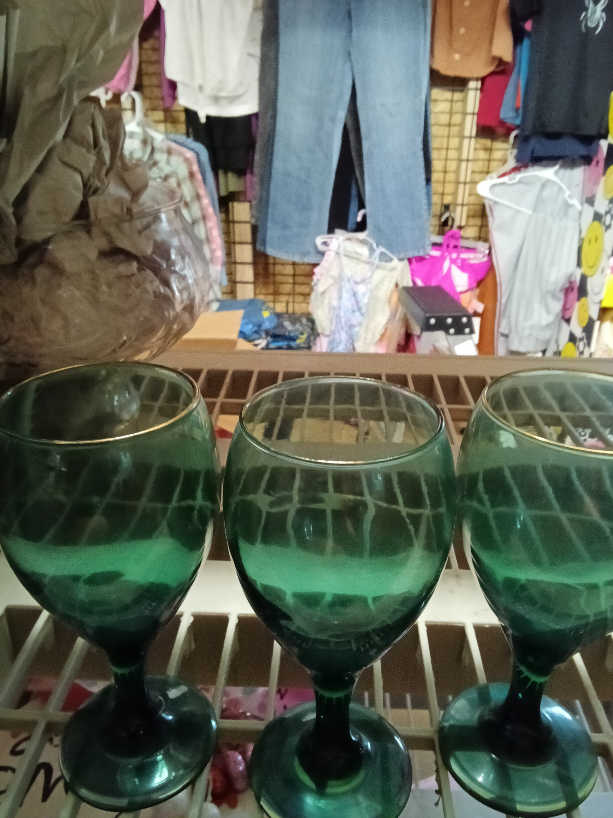 Set of 3 Green Glass Goblets with Gold Rim - Image 2