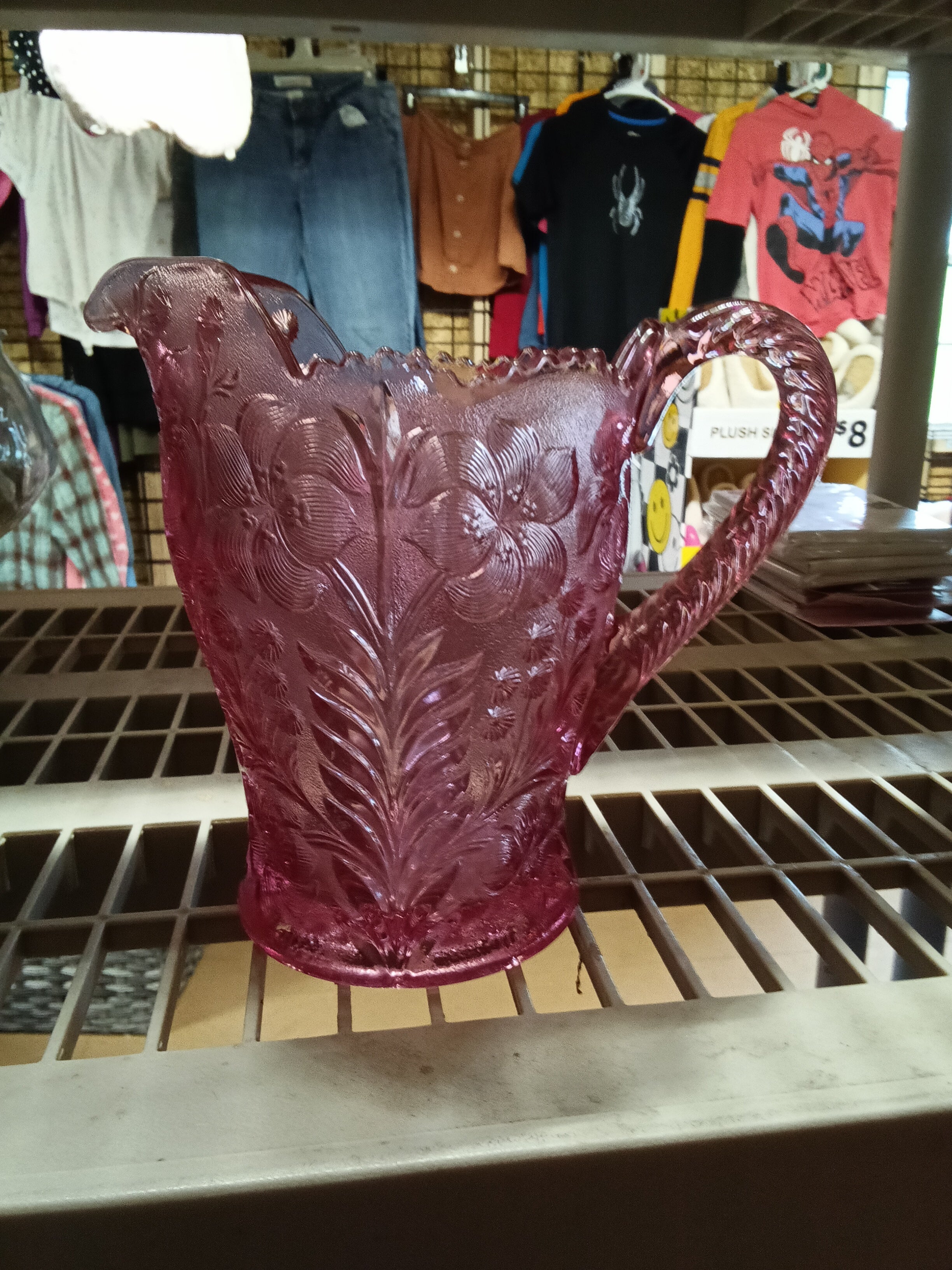 Vintage Pink Glass Pitcher with Floral Design - Image 1