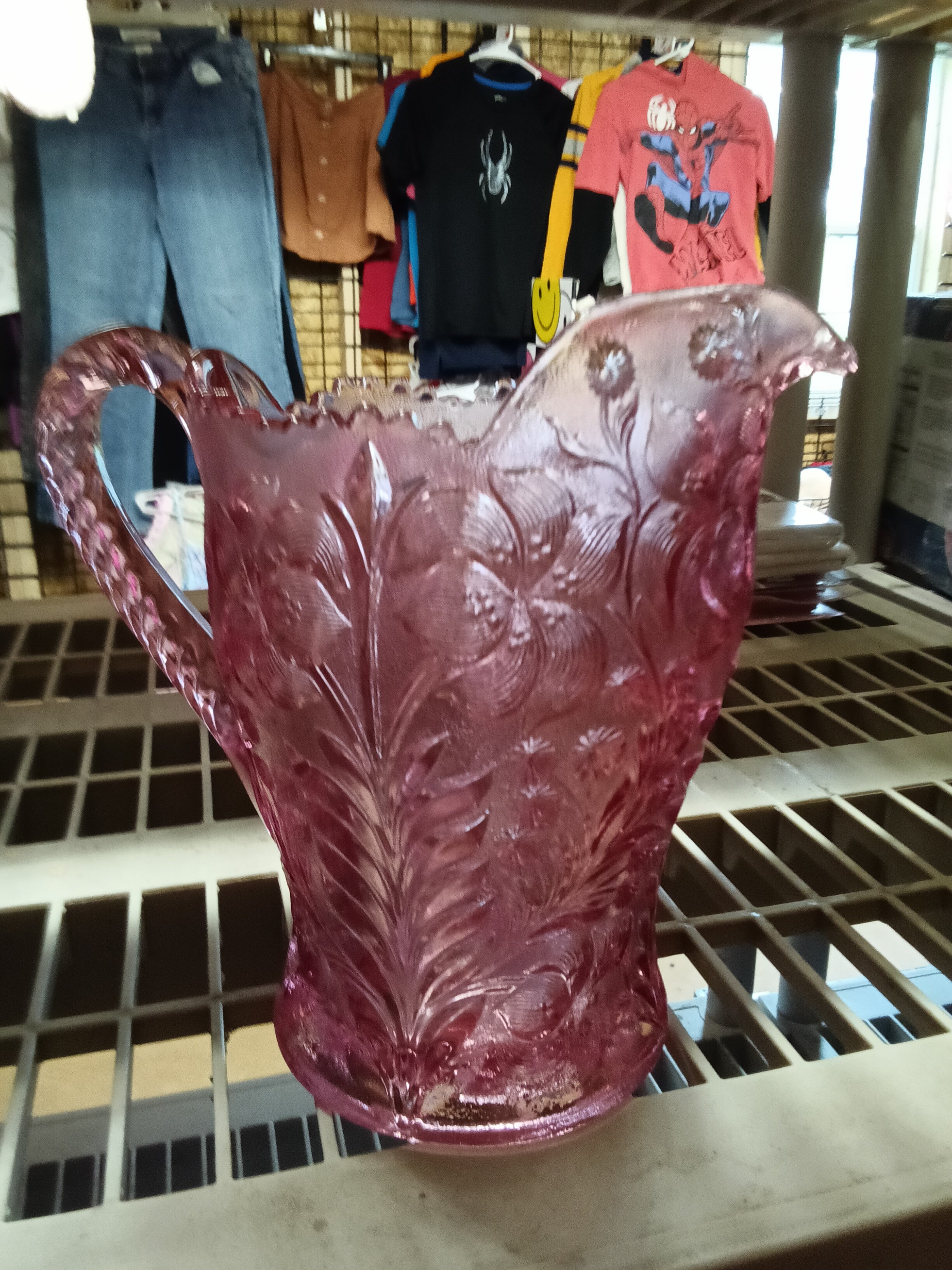 Vintage Pink Glass Pitcher with Floral Design - Image 3