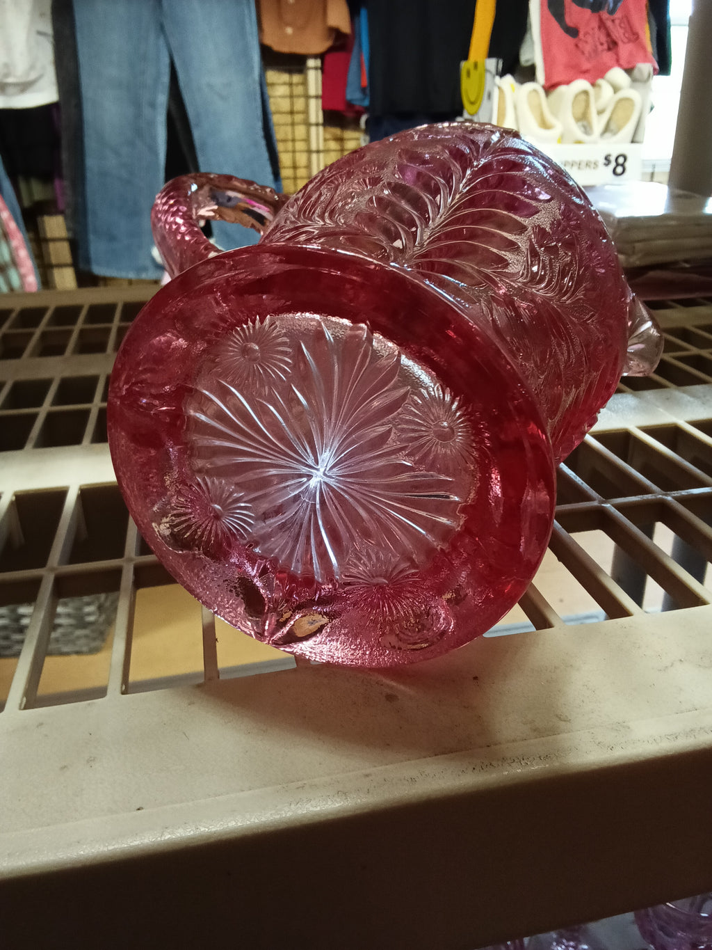 Vintage Pink Glass Pitcher with Floral Design - Image 2
