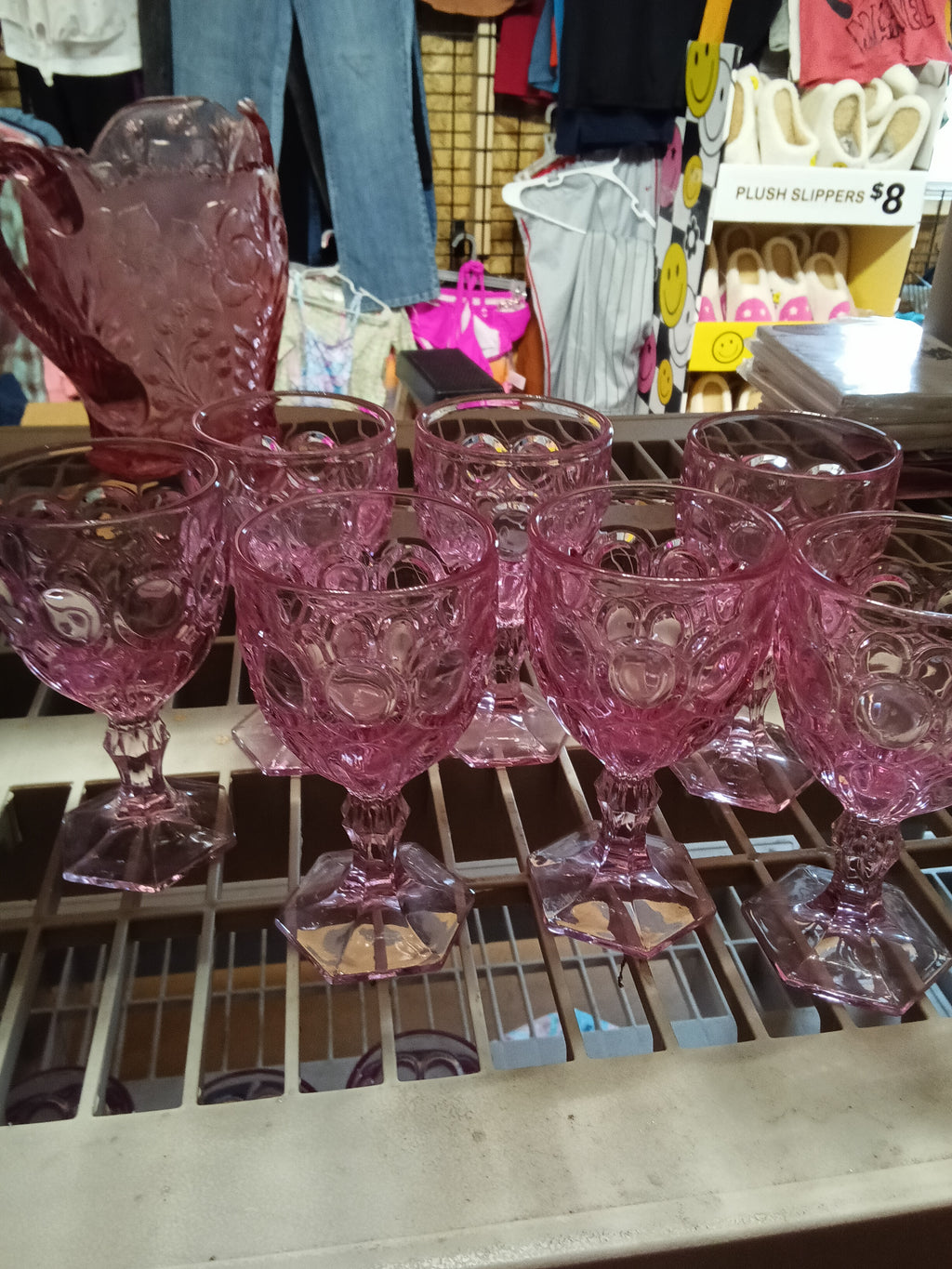 Vintage Pink Glass Goblets Set with Pitcher - Image 2