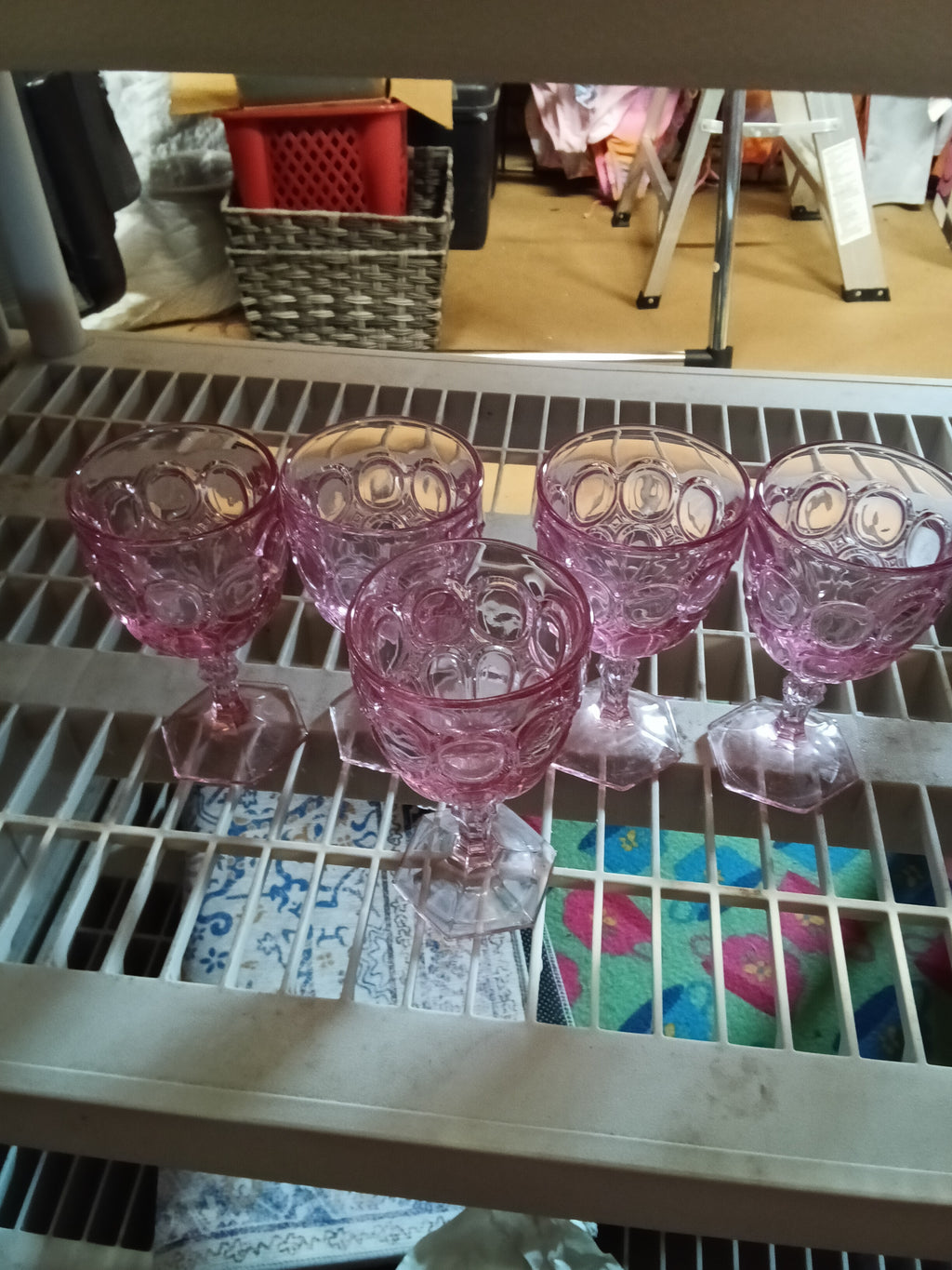 Set of 5 Pink Vintage Glass Goblets with Bubble Design - Image 1