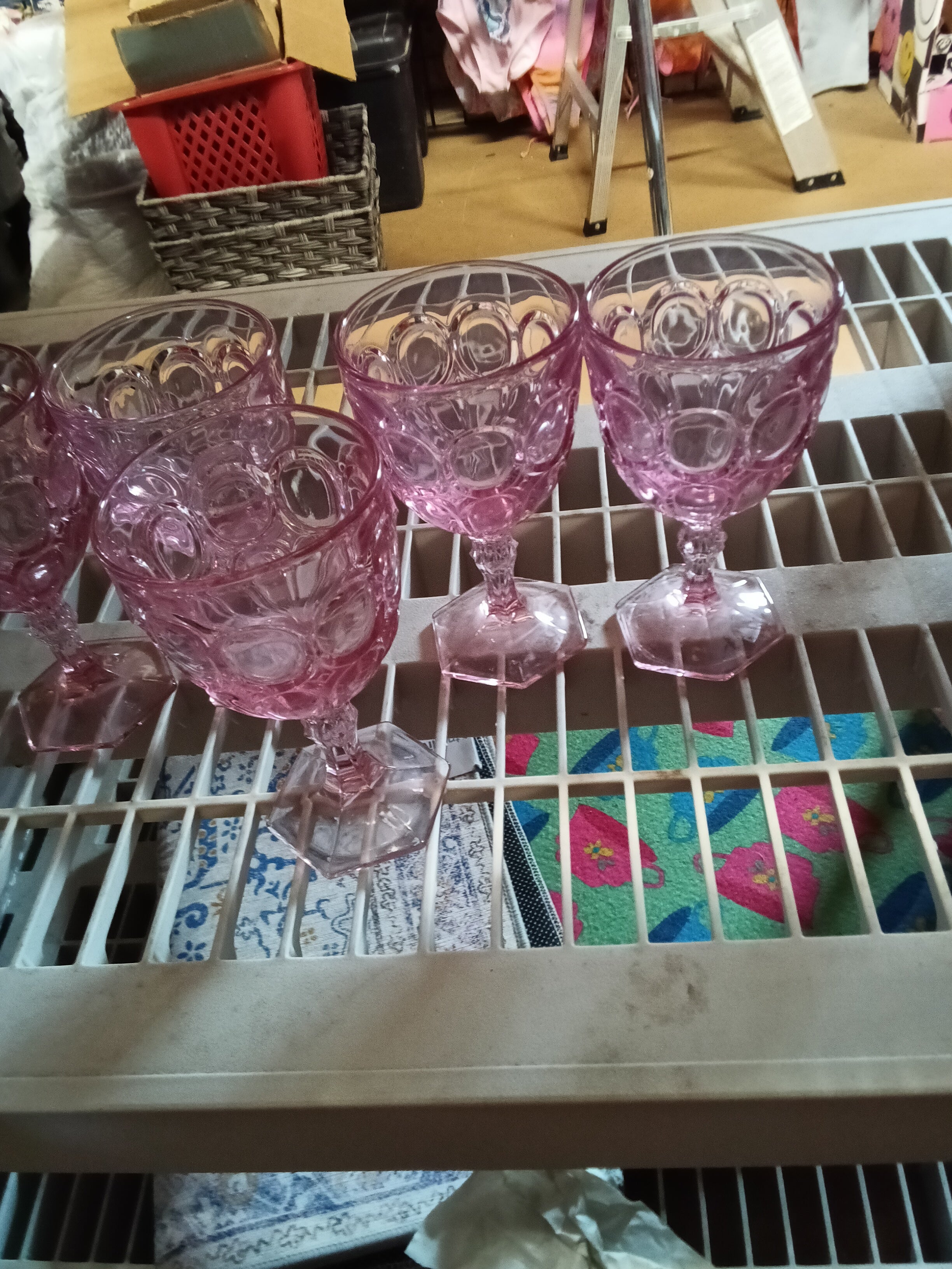 Set of 5 Pink Vintage Glass Goblets with Bubble Design - Image 3