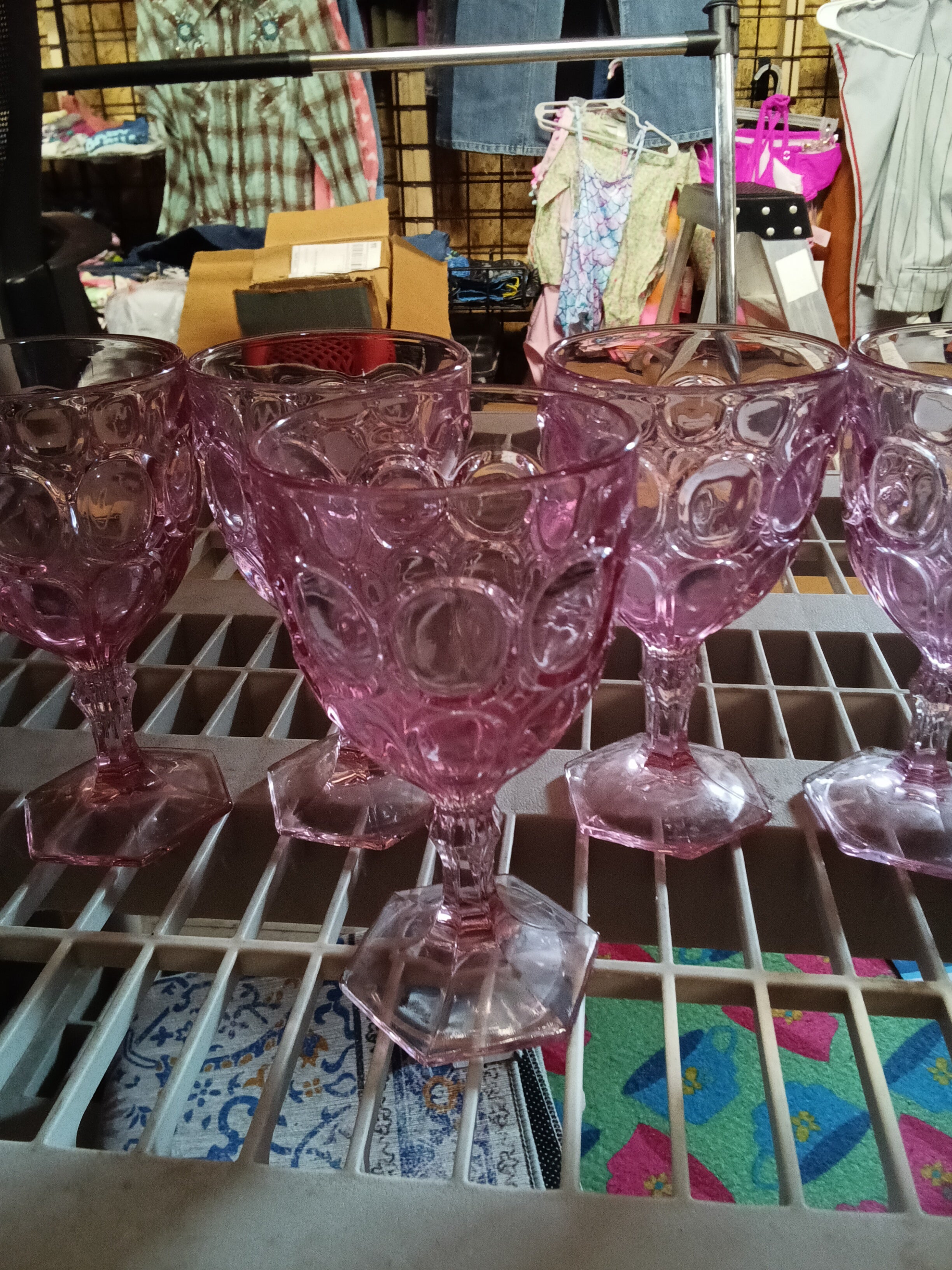 Set of 5 Pink Vintage Glass Goblets with Bubble Design - Image 4