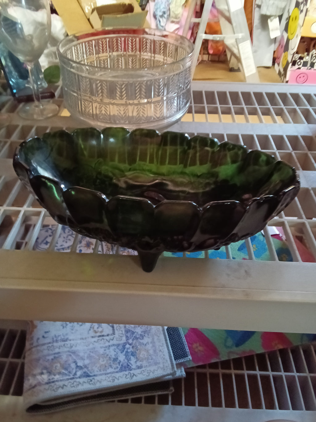 Vintage Green Glass Fruit Bowl with Embossed Design - Image 2