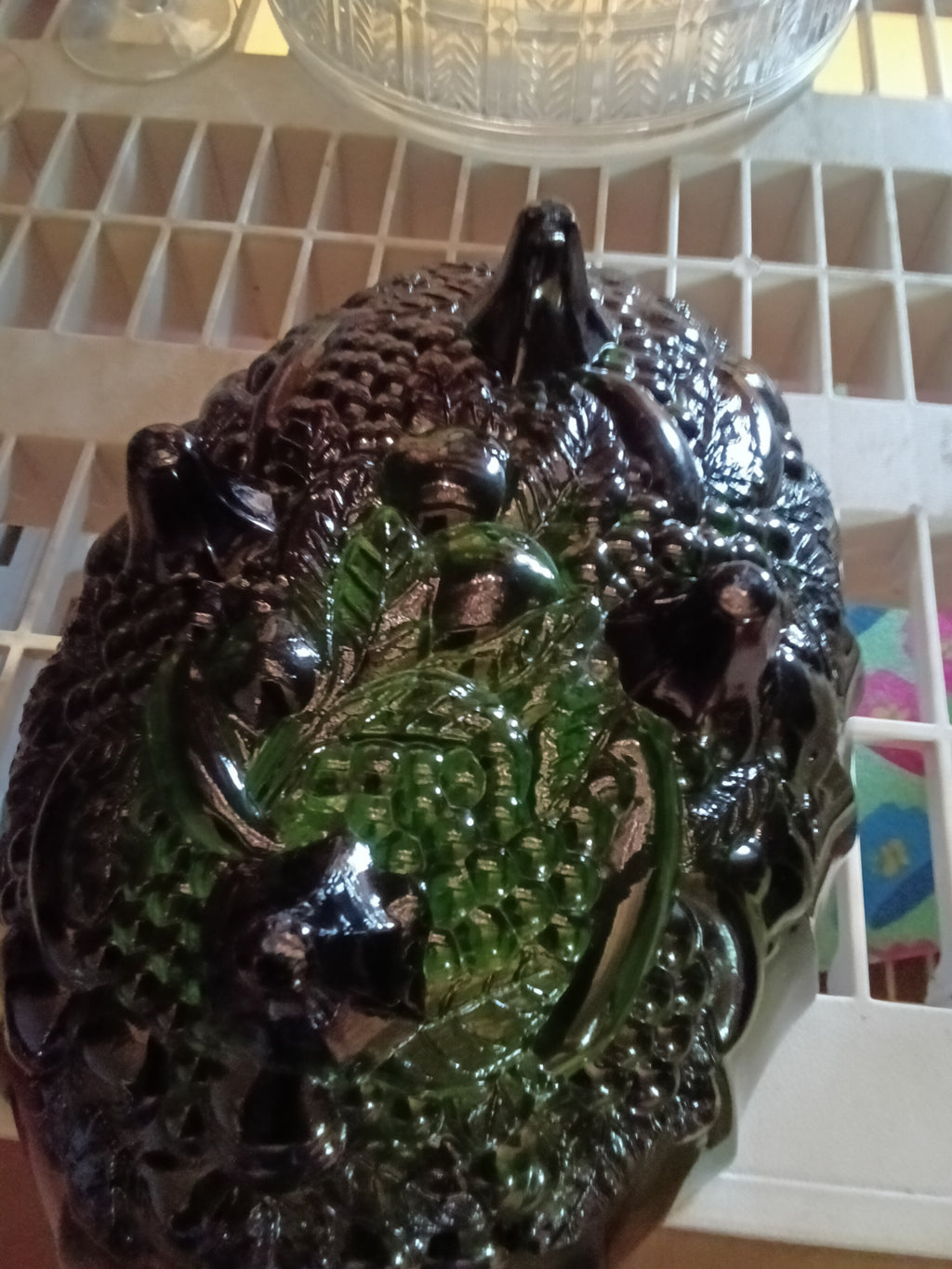 Vintage Green Glass Fruit Bowl with Embossed Design - Image 1