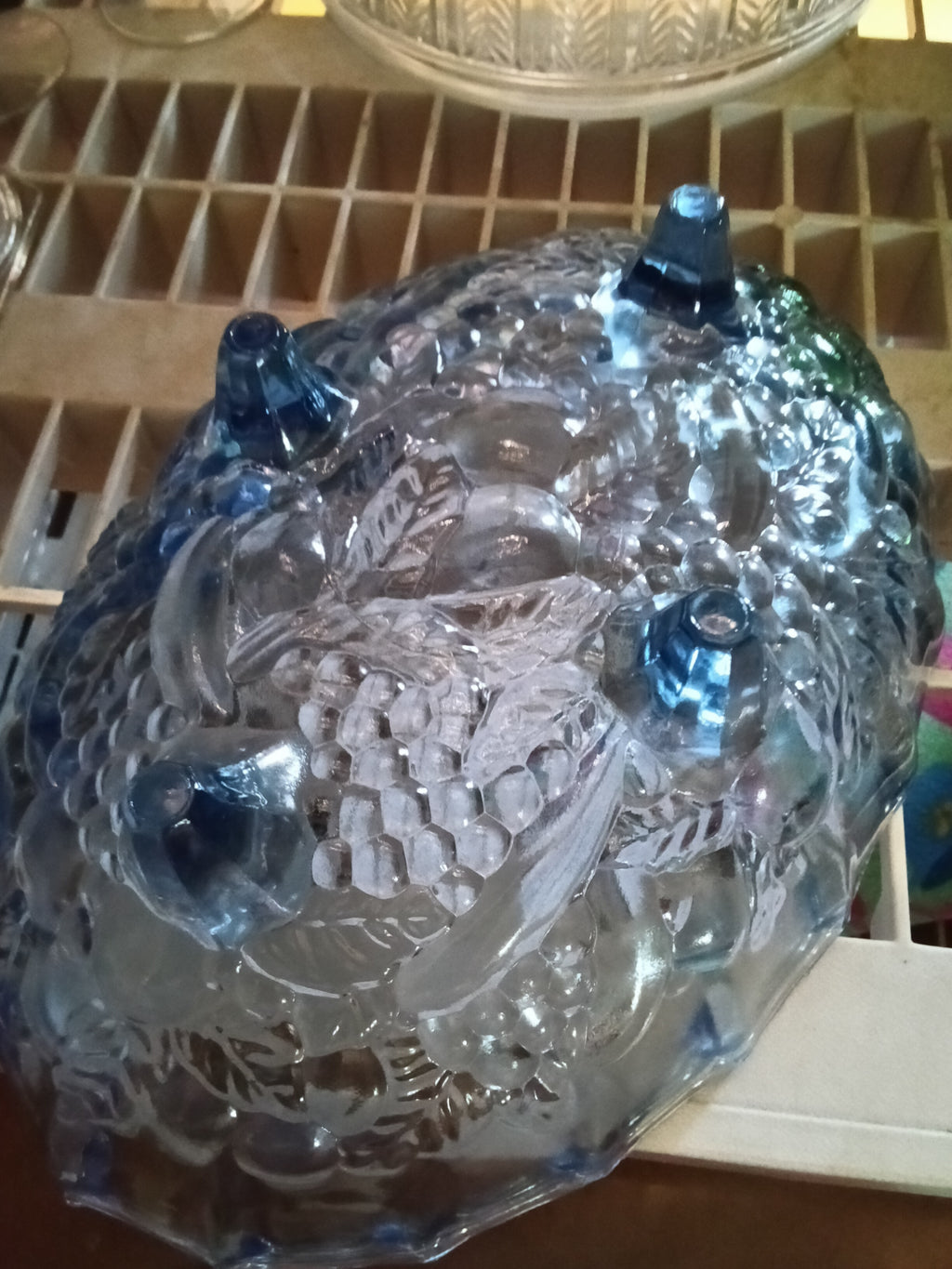 Vintage Blue Glass Fruit Bowl with Raised Design - Image 2