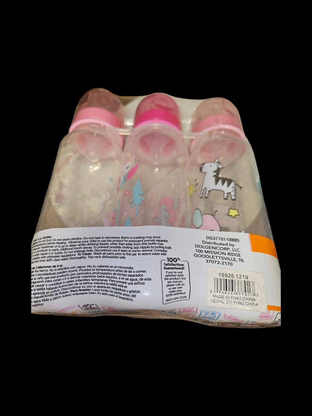 Set of 3 Pink Baby Bottles with Animal Design - Image 1