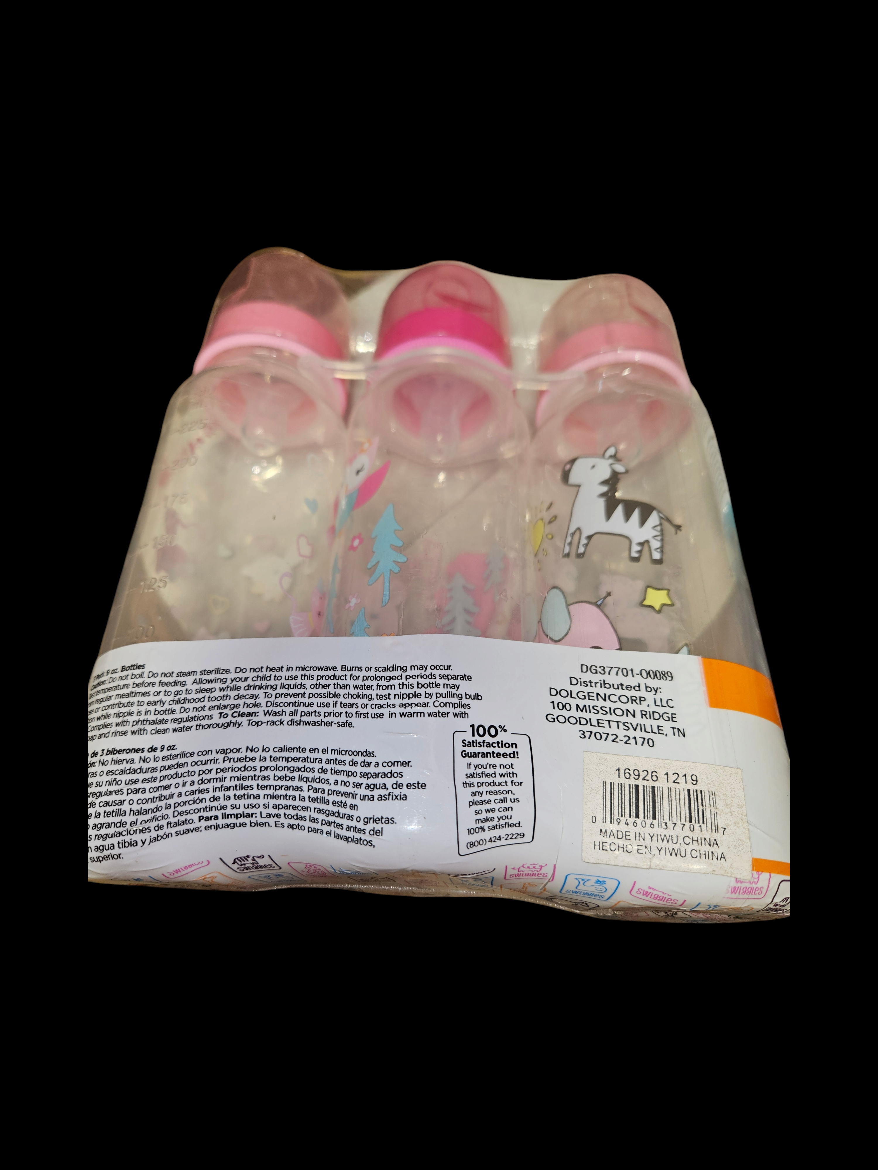 Set of 3 Pink Baby Bottles with Animal Design - Image 1