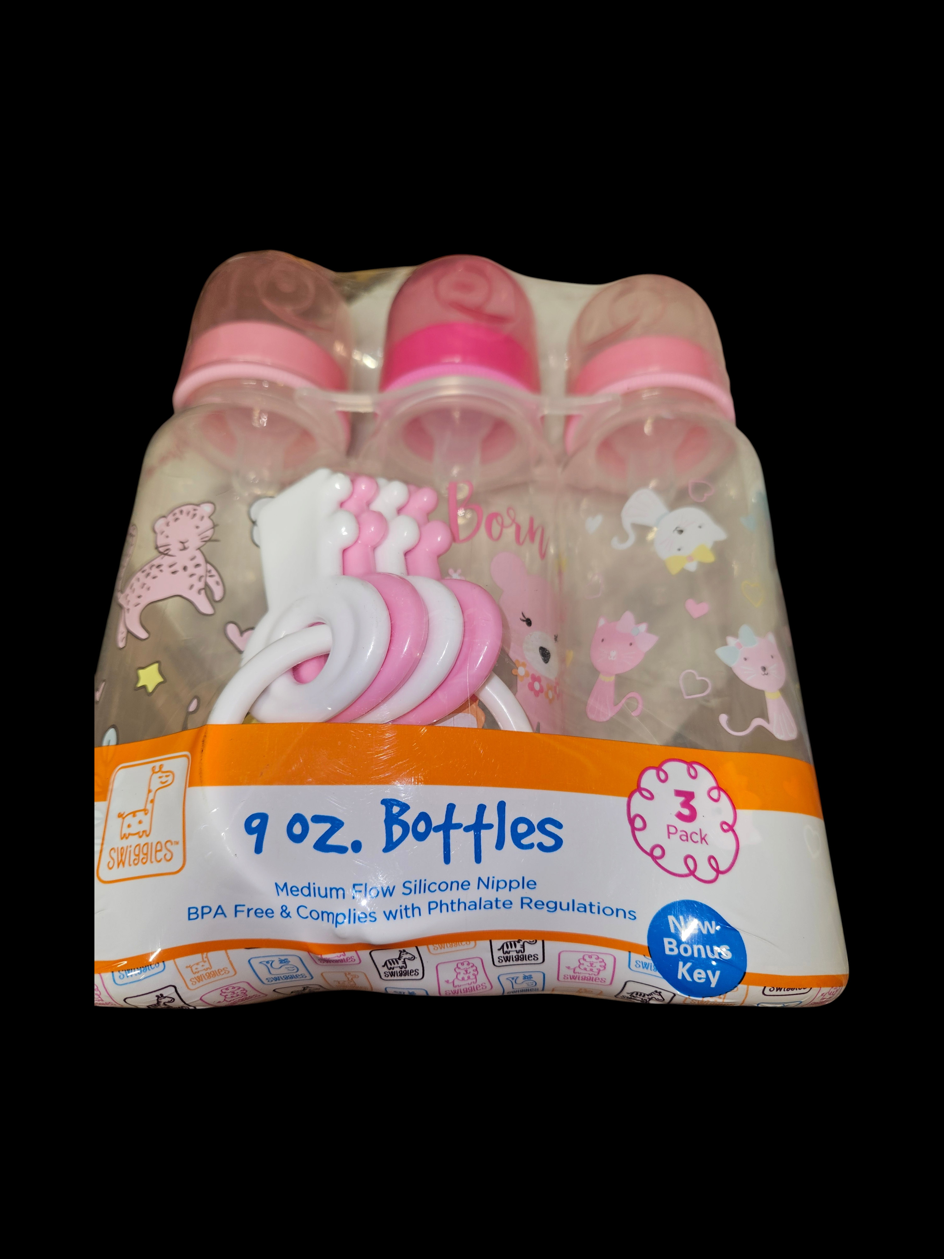 Set of 3 Pink Baby Bottles with Animal Design - Image 2