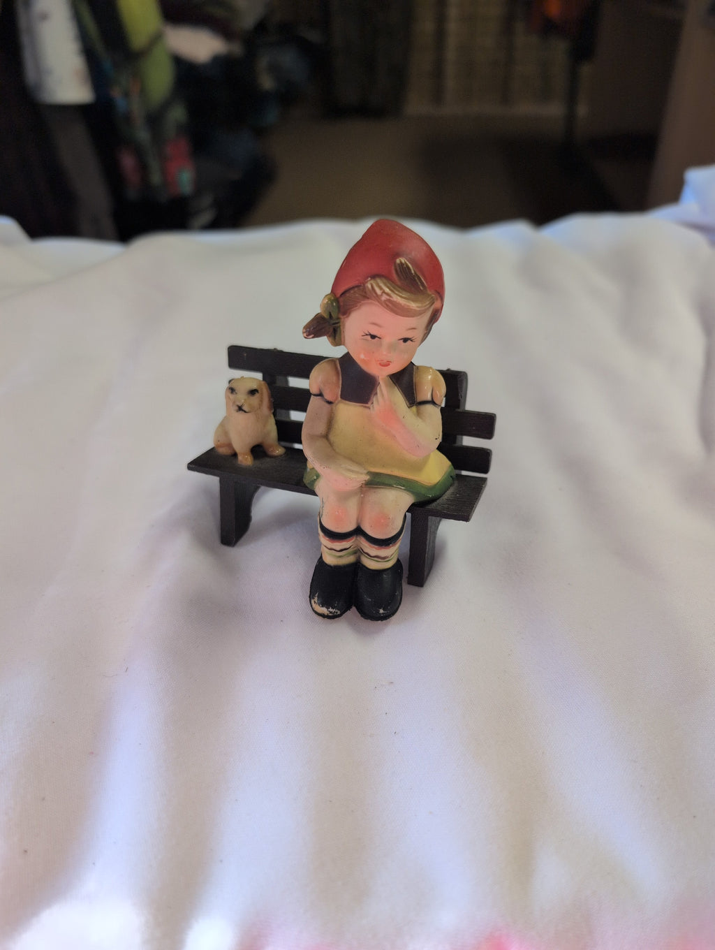Vintage plastic Figurine Girl on Bench with Dog - Image 1