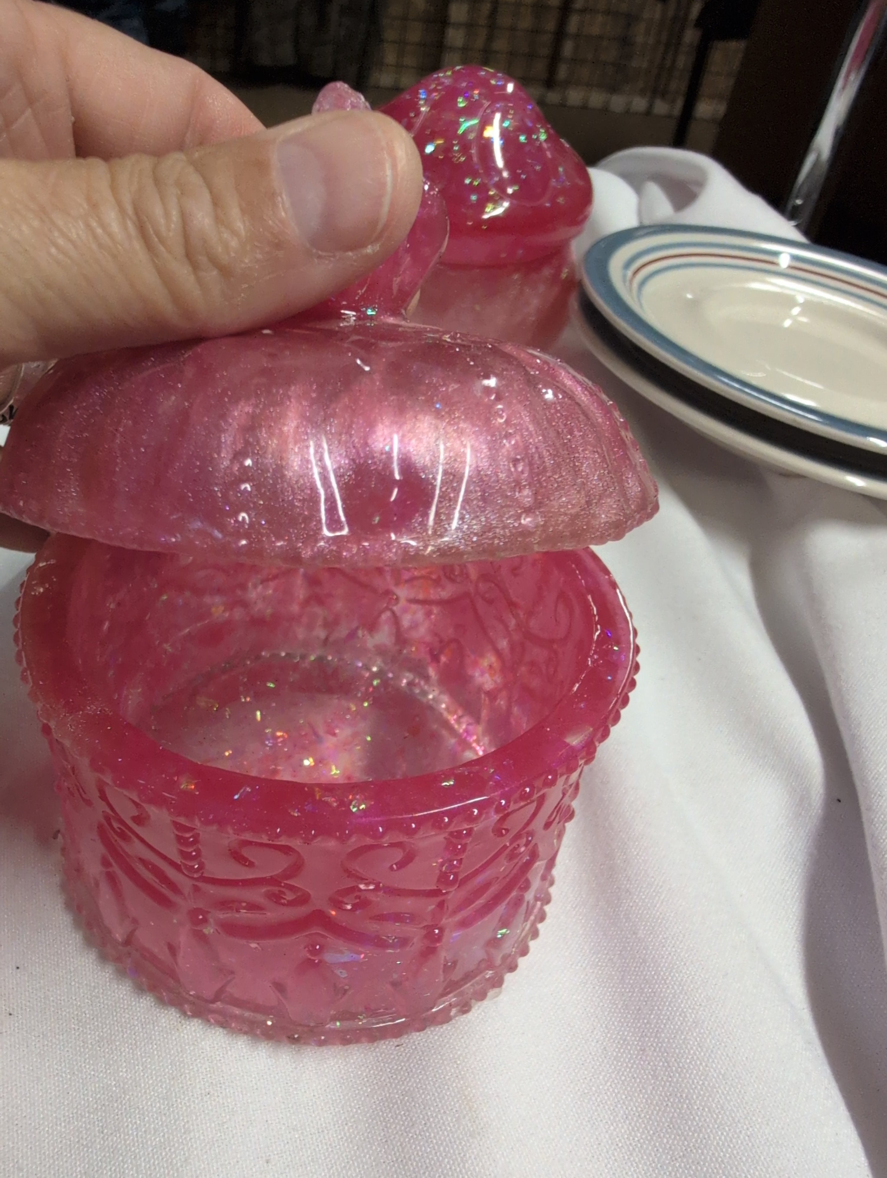 Vintage Pink Glass Candy Dish with Lid - Image 2