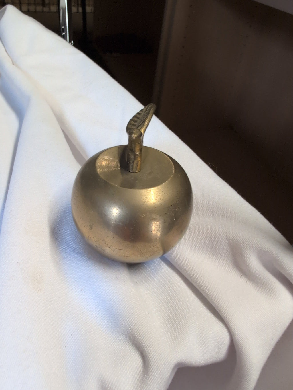 Vintage Brass Apple Paperweight with Leaf Stem - Image 1