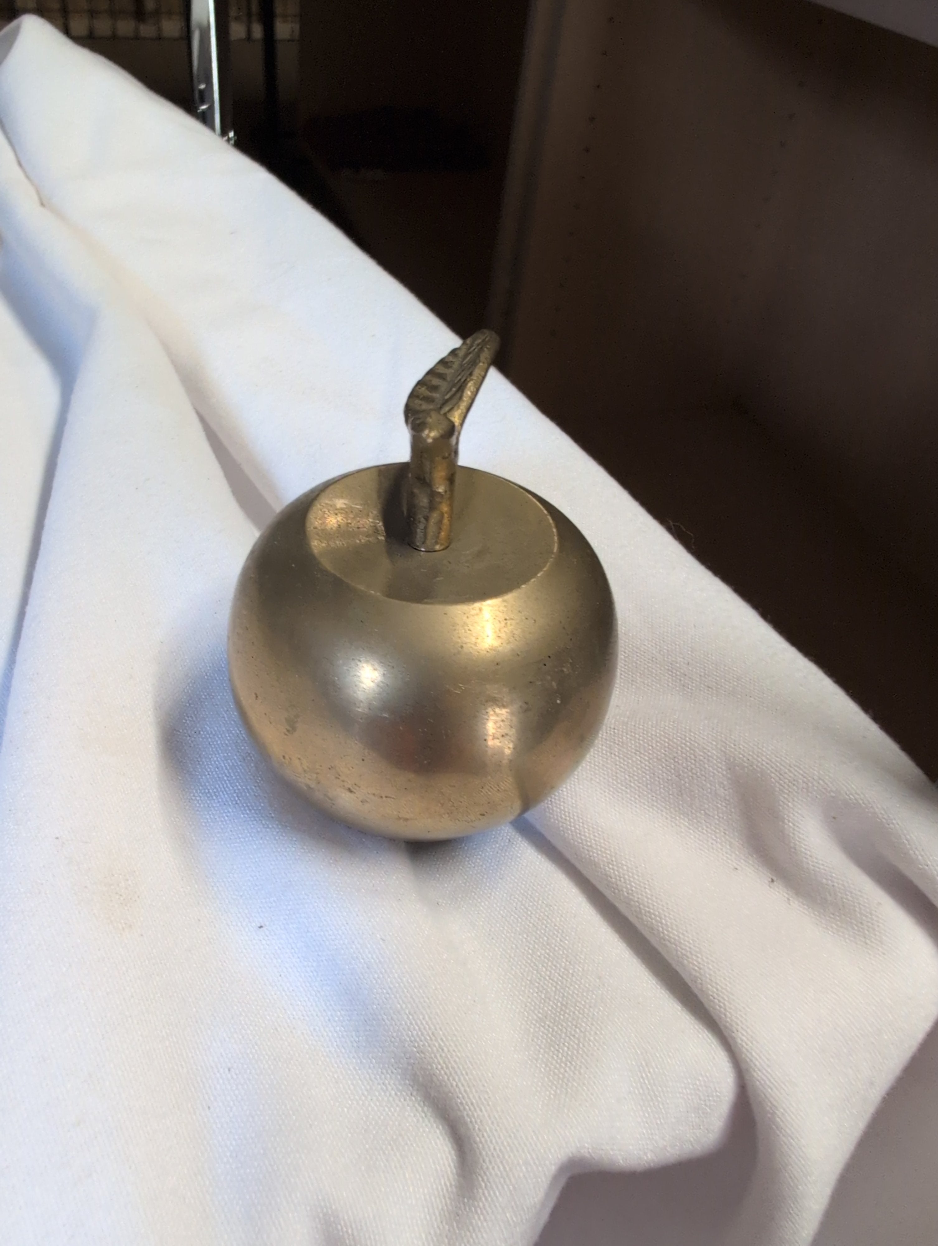 Vintage Brass Apple Paperweight with Leaf Stem - Image 1