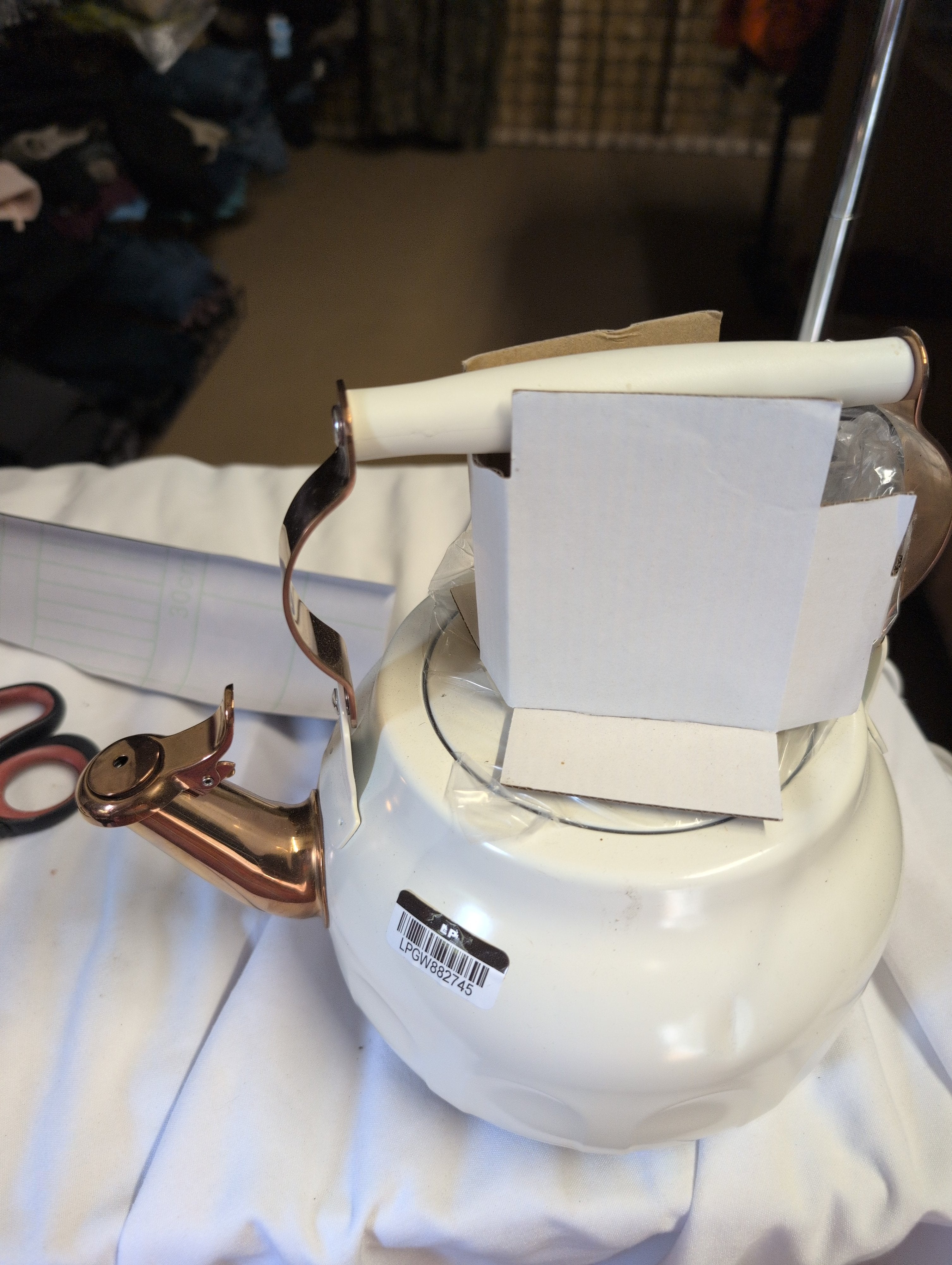 White Enamel Tea Kettle with Copper Spout - Image 2