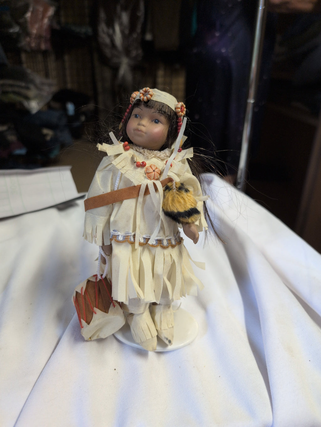 Native American Style Porcelain Doll with Drum - Image 1