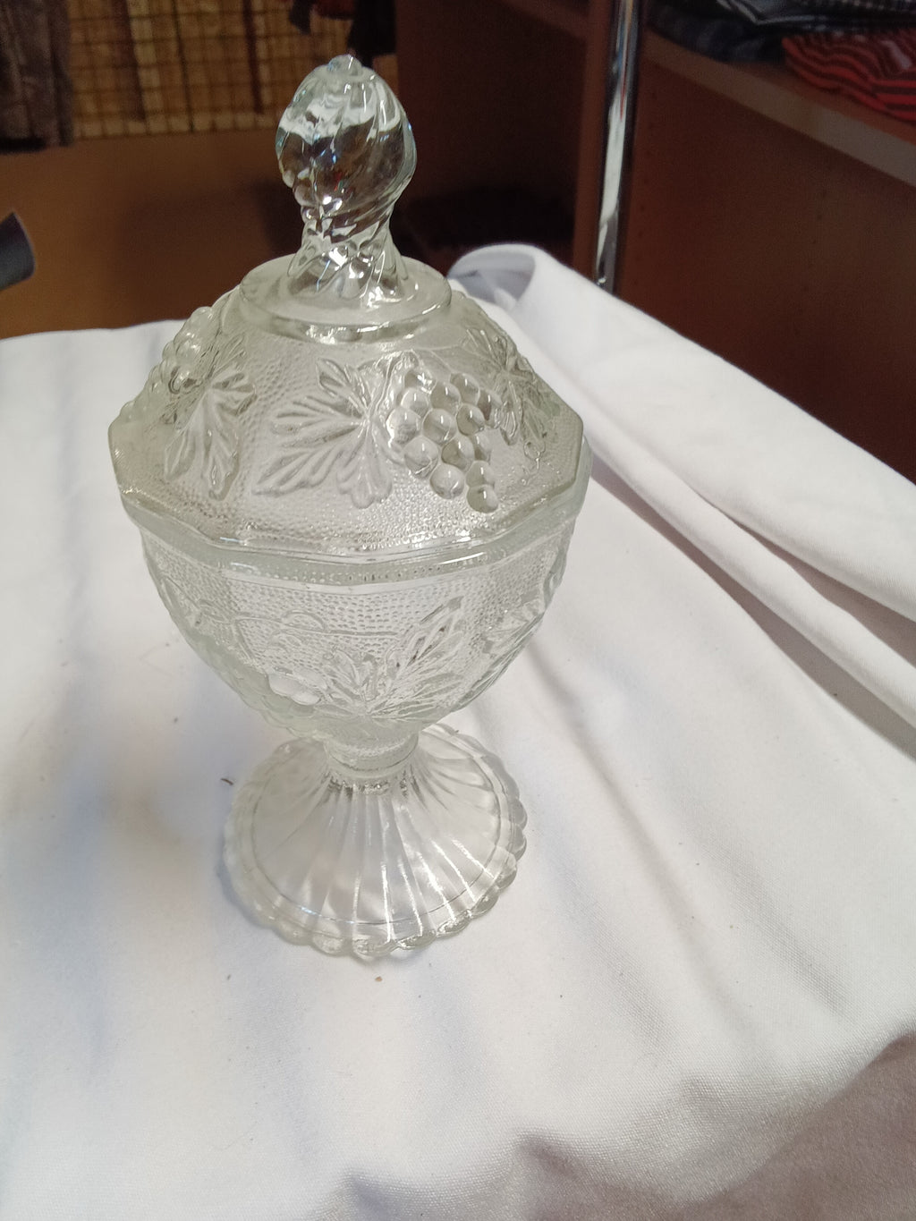 Vintage Glass Candy Dish with Lid and Grape Design - Image 1