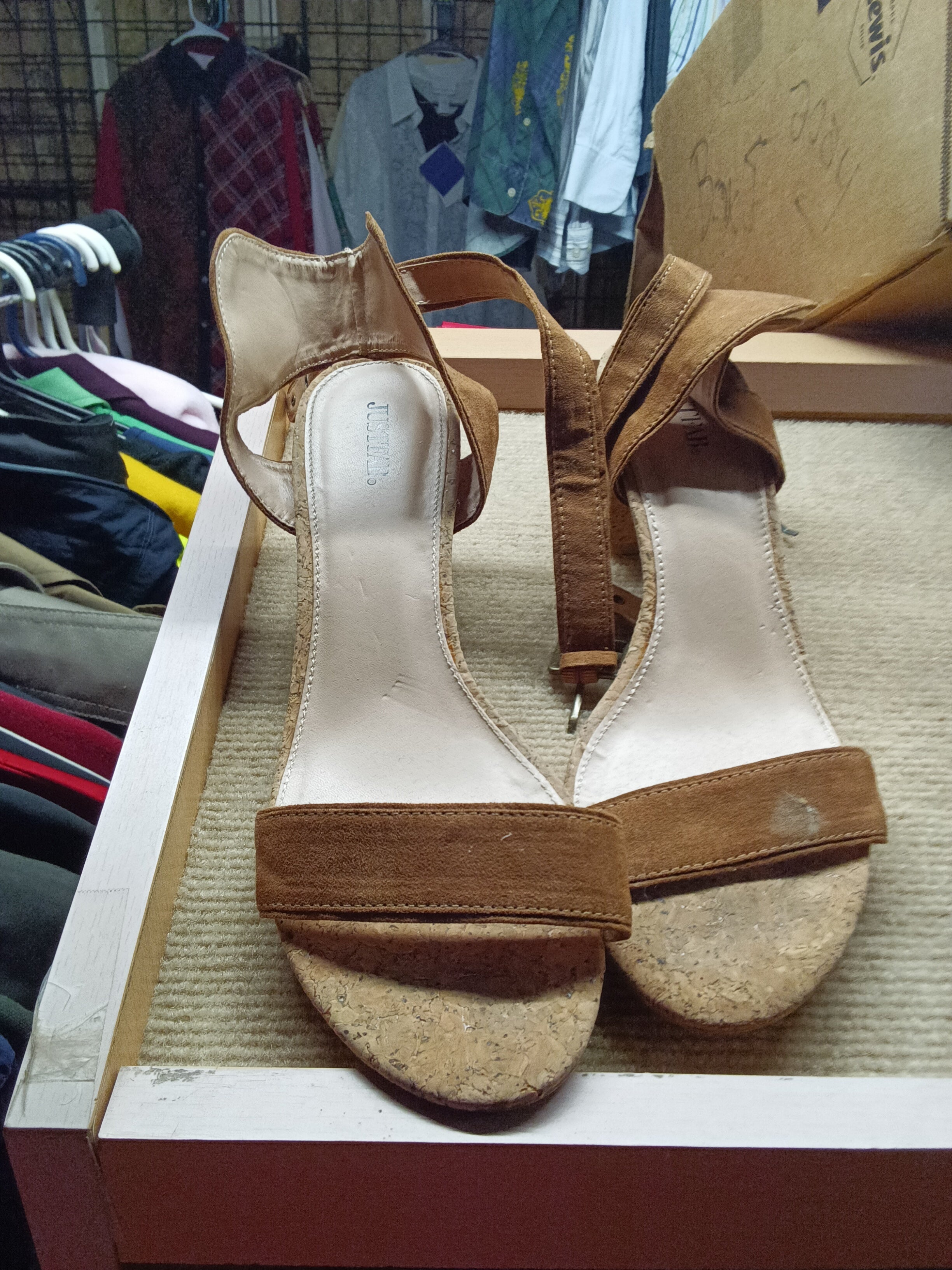JustFab Brown Cork Heel Sandals - Image 1