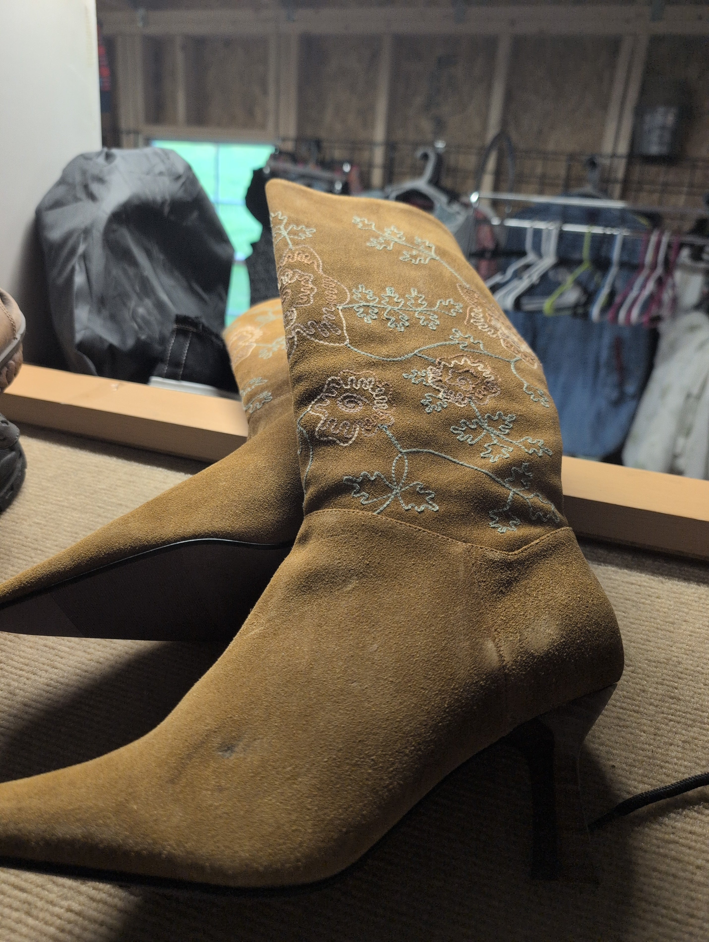 Embroidered Suede Pointed Toe Boots - Image 1