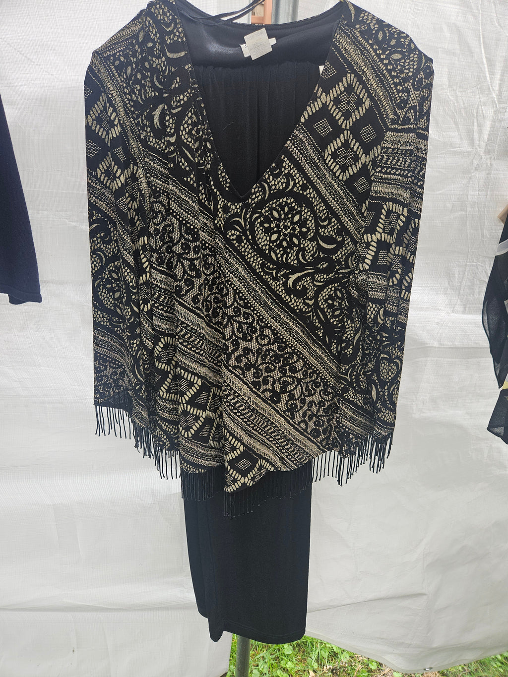 Women's Black and Gold Patterned Dress with Fringe - Image 1