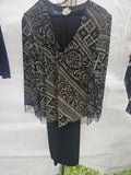 Women's Black and Gold Patterned Dress with Fringe - Image 1