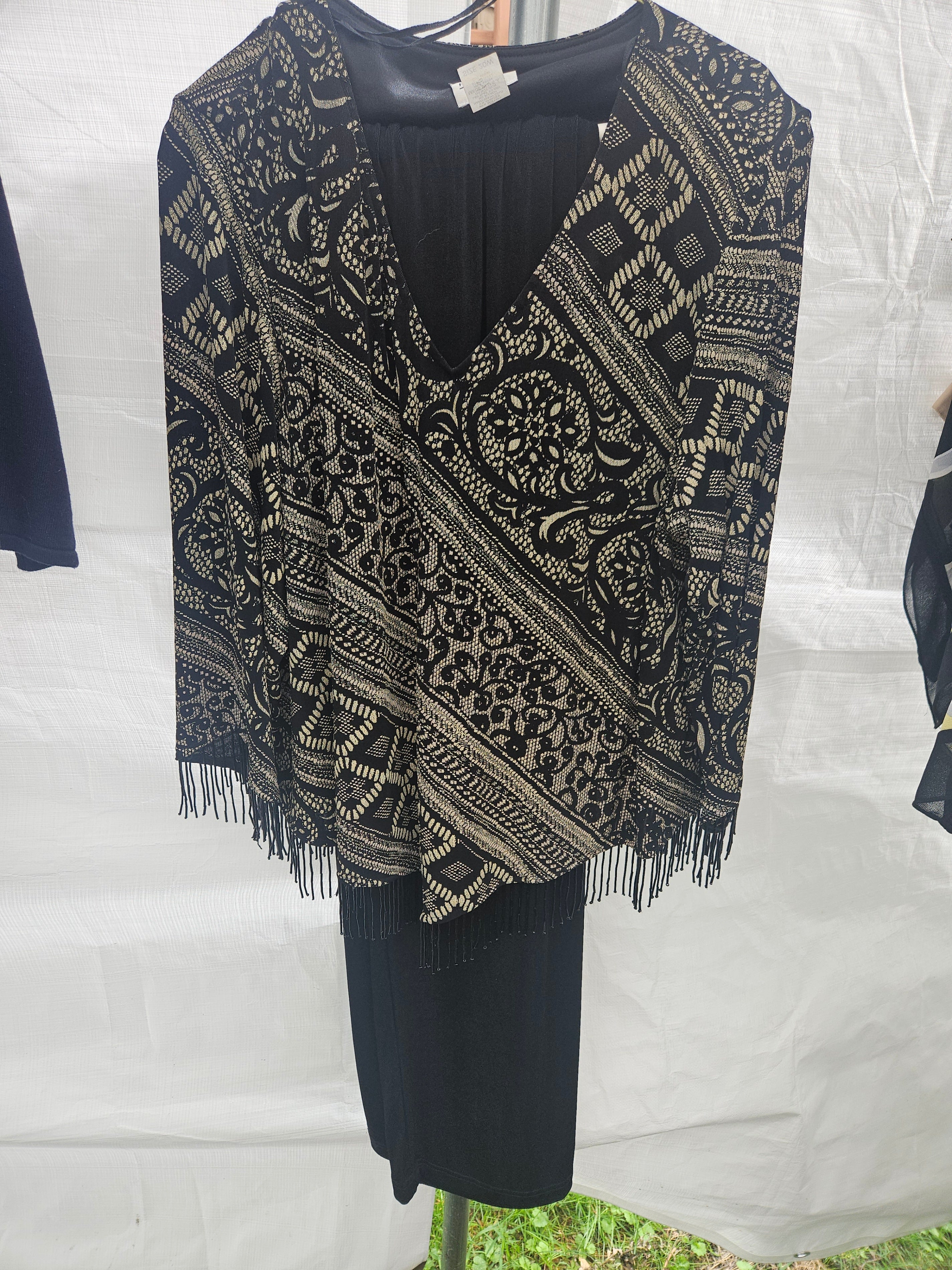 Women's Black and Gold Patterned Dress with Fringe - Image 1