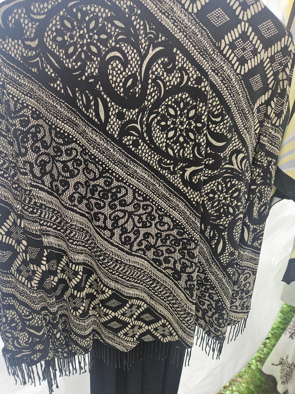 Women's Black and Gold Patterned Dress with Fringe - Image 3