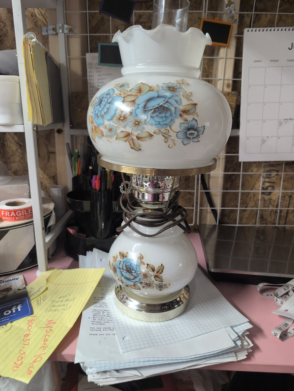 Vintage Floral Glass Hurricane Lamp - Image 1